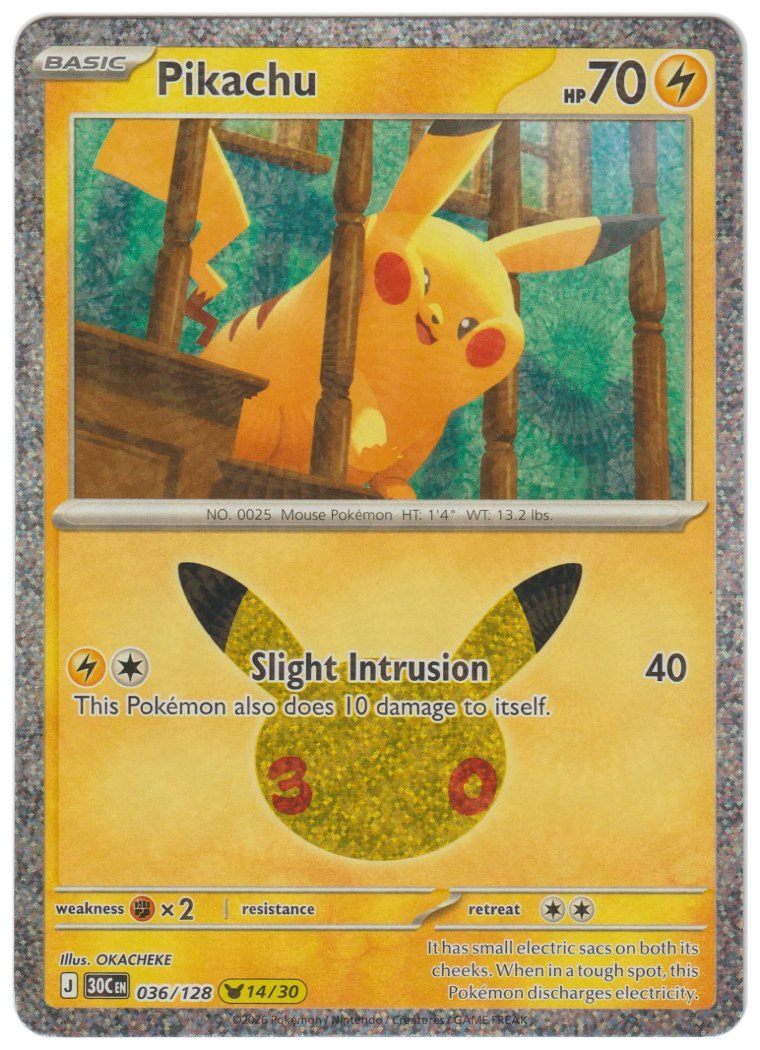 Frente de un Pikachu 036/128 original de 30th Celebration